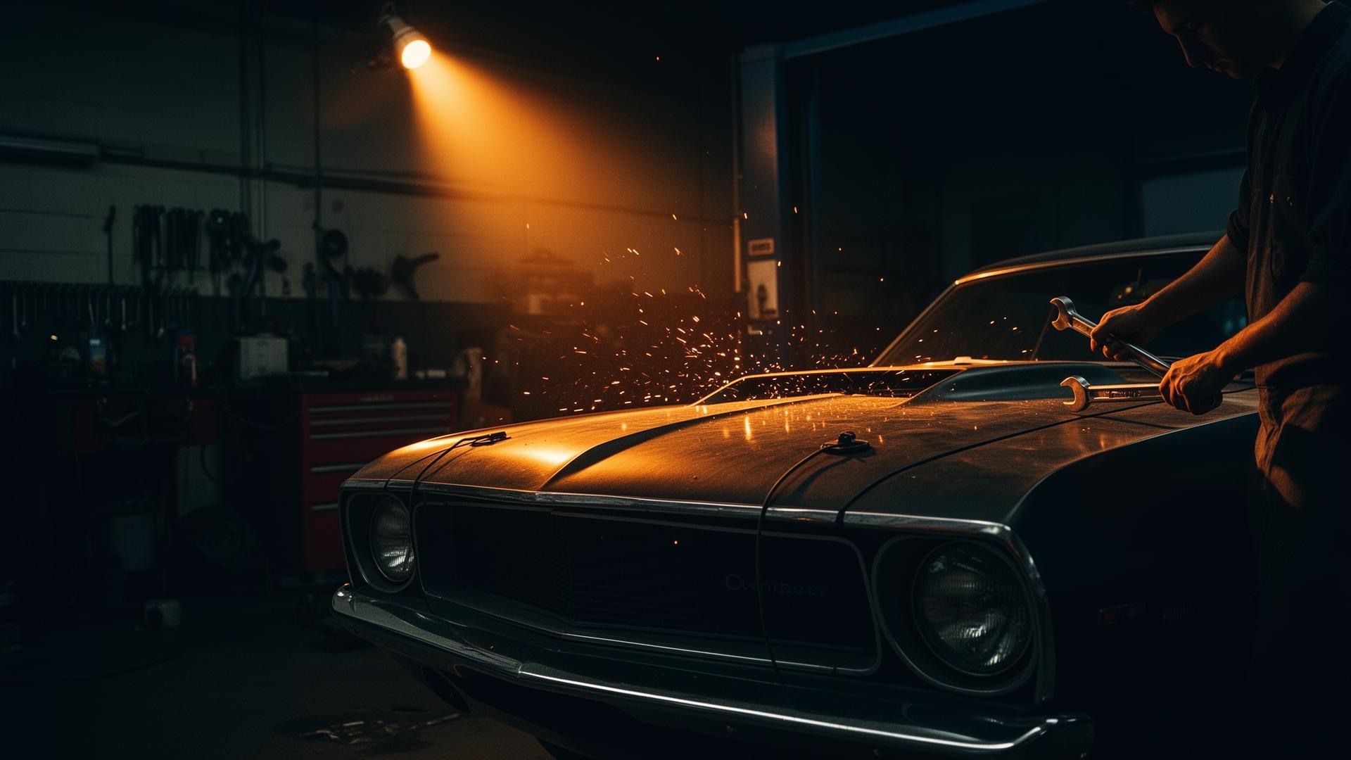 Mechanic working on car under amber light